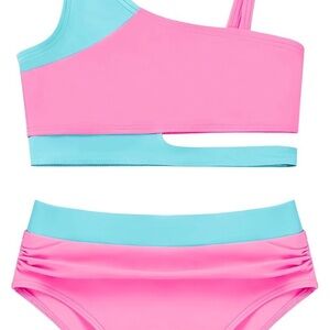 Tween Girl Two-Piece Color Block Bikini in Pink and Light Blue